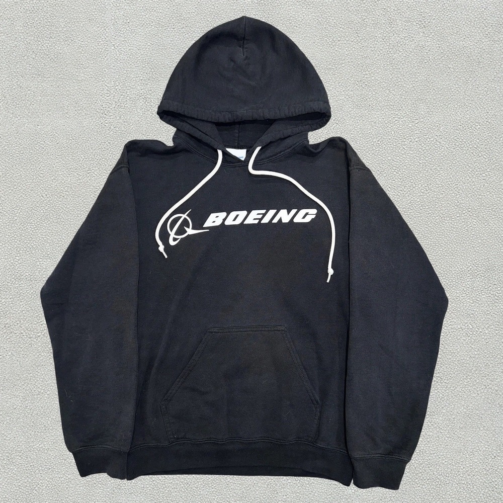 Boeing Hoodie Youth L Kids Black Signature Logo Pullover Sweatshirt Aviation